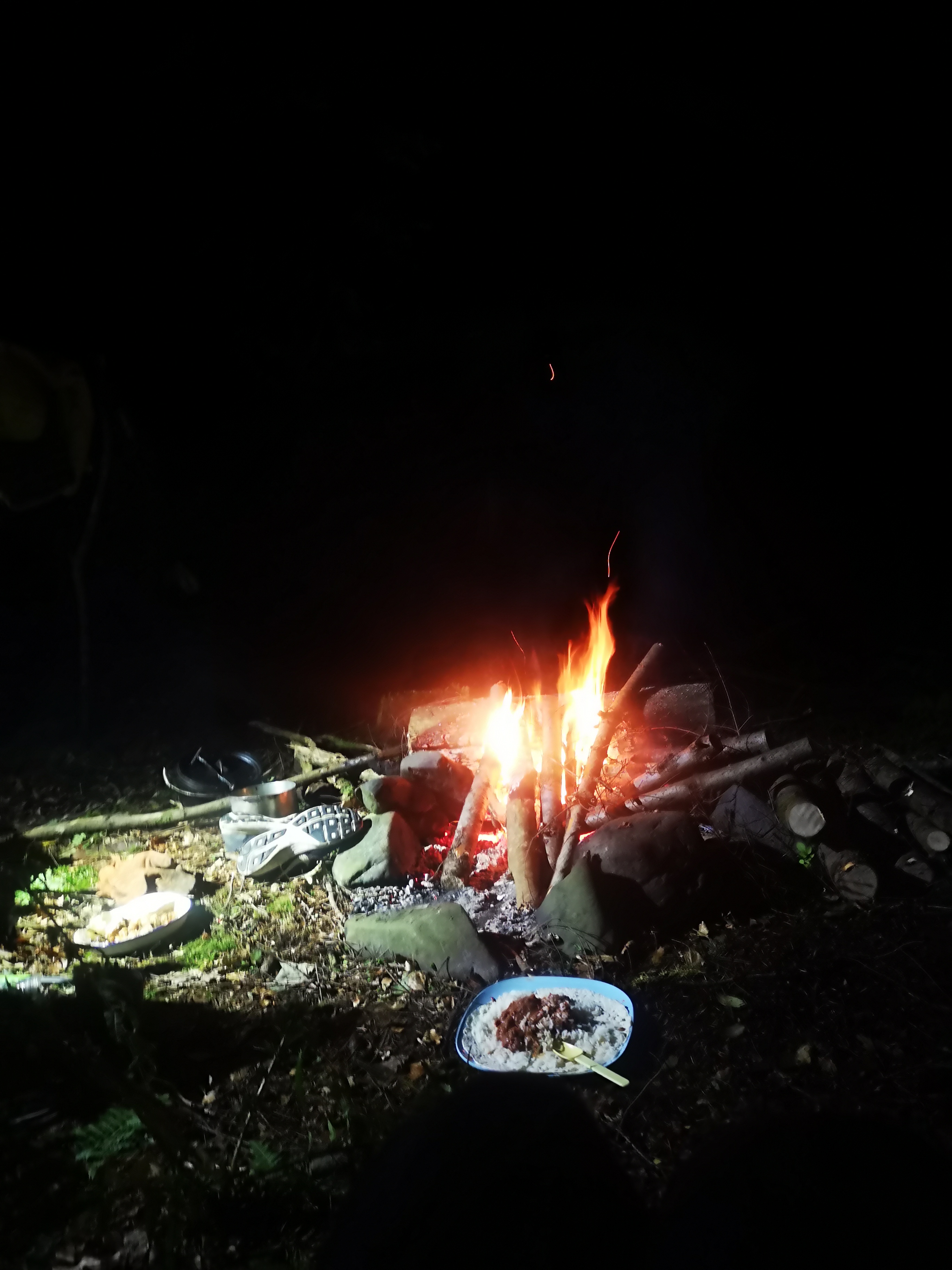 Campfire burning bright at night with expedition dinner beside flames